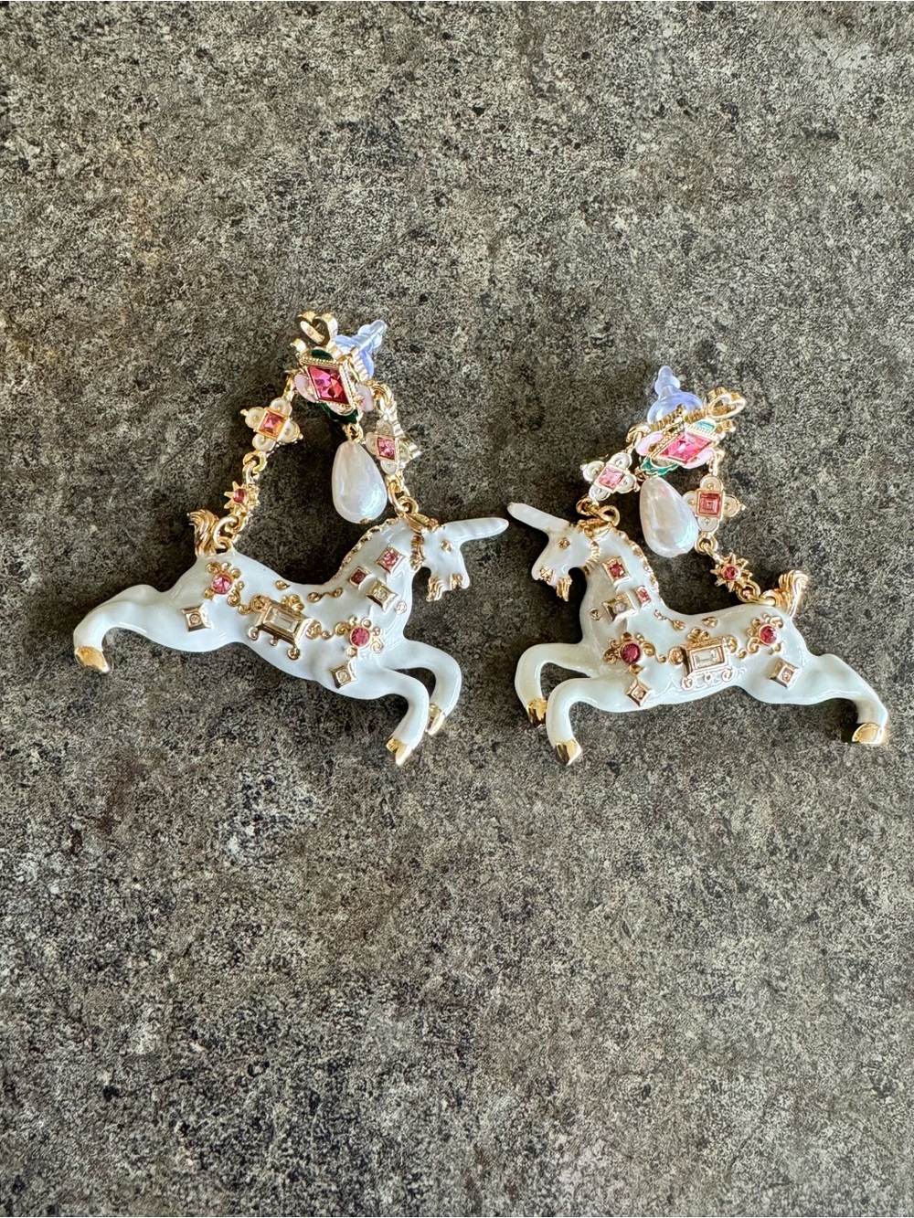 Carousel Unicorn Horse Pearl Drop Earrings Pink Crystal Accents